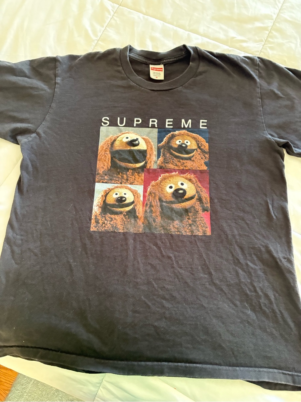 Supreme Black Graphic Tee with Brown Character Panel (Rolf the Muppet)